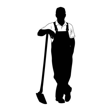 Siyah bir adam silueti bir küreğe yaslanmış duruyor. O, yakalı bir gömleğin üzerine tulum giyiyor. Sol kolu kürek sapının üzerinde ve sağ eli de cebinde. Kürek dikey olarak onun yanına yerleştirilmiş, kılıcıyla birlikte.