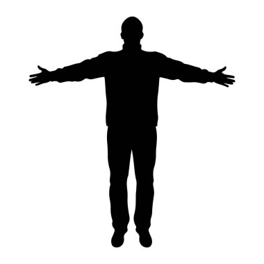 Siyah bir siluet kollarını beyaz bir arka plana tamamen uzatarak ayakta duruyor. Bu figür, altında ayakkabılar olan ceket ve pantolona benzeyen bir şey giyiyor. Poz açıklık ya da konukseverlik göstergesi.