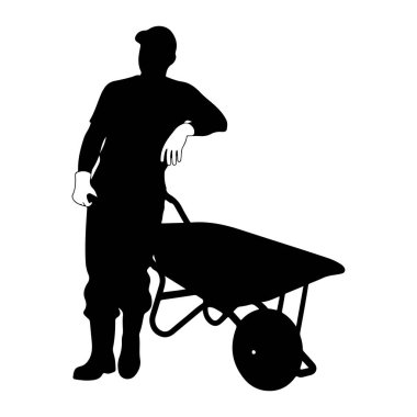 Şapka, tişört, eldiven ve pantolon giymiş el arabasına yaslanmış siyah bir siluet. El arabasının silüeti de siluet ve tek tekerleği var. Resim beyaz bir arkaplanda izole edilmiştir.