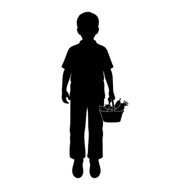 Elinde meyve ve sebze gibi çeşitli ürünlerle dolu bir sepet tutan siyah bir çocuk silueti. Çocuk bir tişört ve pantolon giyiyor. Sepette elmalar, havuçlar ve diğer yuvarlak ve uzun şekiller var.