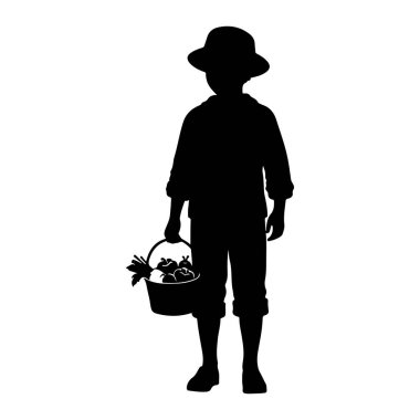 Şapka takan ve elinde meyve dolu bir sepet tutan siyah bir çocuk silueti. Çocuk ayakta duruyor ve meyve ve sebze sepetini taşıyor gibi görünüyor. Resim beyaz bir arkaplanda izole edilmiştir.