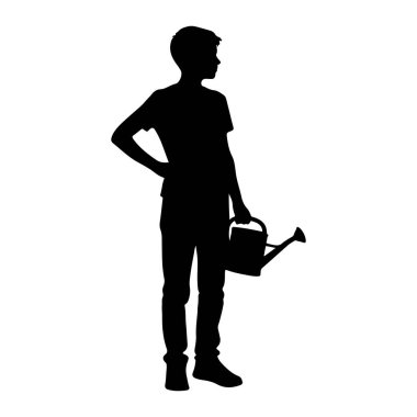 Siyah bir siluet, elinde bir su bidonu tutan genç bir çocuk. O, bir eli kalçasında bir tişört ve pantolon giyiyor. Arkaplan beyaz.