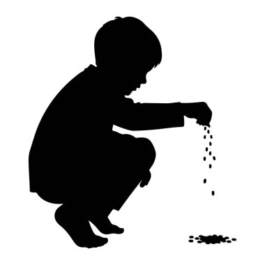 Beyaz arka planda çömelmiş siyah bir çocuk silueti. Elinde bir avuç küçük, karanlık tohum tutuyor ve onları yere düşürüyor. Bazı tohumlar çoktan küçük bir yığına kondu. Çocuğun bedeni açılı, ve bakışları yönlendirilmiş.