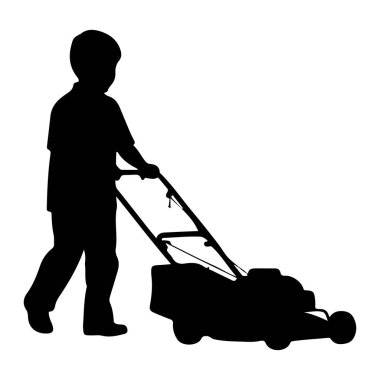 Siyah bir çocuk silueti bir çim biçme makinesini iterken resmedilir. Çocuk sağa bakıyor, elleri çim biçme makinesinin sapında. Çim biçme makinesi tekerlekleri ve gövdesi olan basit bir betimlemedir. Arka plan bembeyaz, vurgulu. 