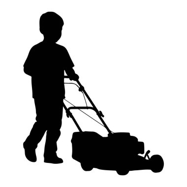 Çim biçme makinesini iten siyah bir çocuk silueti. Çocuk sola bakıyor, elleri çim biçme makinesinin sapında. Çim biçme makinesi tekerlekleri ve motor alanıyla tasvir edilir. Arkaplan düz beyaz.