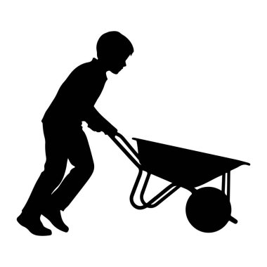 El arabası süren siyah bir çocuk silueti. Çocuk profil ile tasvir ediliyor, öne eğiliyor ve el arabasının saplarını kavrıyor. El arabasının önünde büyük bir leğen ve tek bir tekerlek var. Görüntü beyaz renkte izole edilmiştir. 