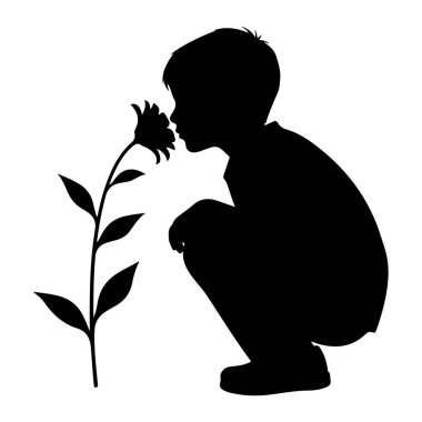 Yapraklı bir saptaki tek bir çiçeği koklamak için çömelmiş siyah bir çocuk silueti. Çocuğun kafası çiçeğe doğru eğik ve vücudu nazik bir gözlem duruşu içinde kıvrılmış. Çiçek belirgin bir şekilde çiçek açmış ve konumlandırılmış.