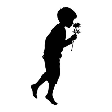 Siyah bir çocuk silueti çıplak ayakla duruyor, şort ve tişört giyiyor. Sapı olan tek bir çiçek tutuyor ve burnuna kadar yapraklar kokar gibi kokar. Görüntü beyaz bir arkaplanda izole edilmiş, temiz ve temiz bir zemin oluşturuyor. 