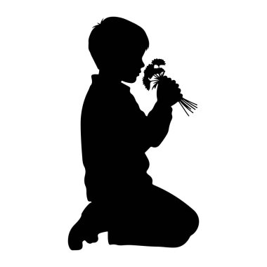 Diz çöküp burnuna küçük bir buket çiçek tutan siyah bir çocuk silueti, sanki onları kokluyormuş gibi. Çocuk başını hafifçe eğmiş, sağa bakıyor. Arkaplan düz beyaz.