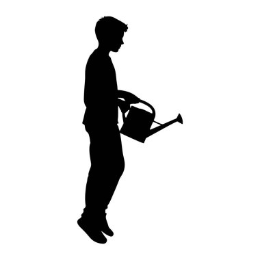 Siyah bir siluet, elinde bir su bidonu tutan genç bir çocuk. Çocuk sağa bakıyor ve bir şeyleri sulama sürecinde gibi görünüyor. Resim beyaz bir arkaplanda izole edilmiştir.