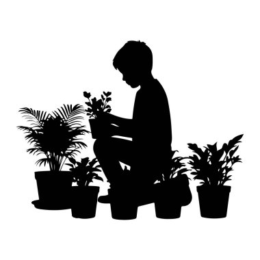 Çömelmiş ve birkaç saksı bitkisiyle ilgilenen siyah bir çocuk silueti. Çocuk elinde küçük bir bitki tutuyor, ekiyor ya da onunla ilgileniyor gibi görünüyor. Farklı yaprak şekilli çeşitli saksı bitkileri onu çevreleyerek bir tarama oluşturur.