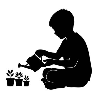 Yerde oturan ve üç saksıyı sulama tenekesiyle sulayan siyah bir çocuk silueti. Bitkiler görülebilir yapraklarla küçüktür ve ayrı saksılardadır. Çocuk işine odaklanmış, iki eliyle su kovasını tutuyor..