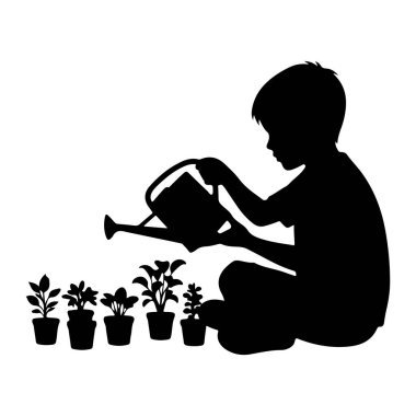 Siyah bir çocuk silueti. Oturmuş ve bir sıra küçük saksı bitkisini bir su bidonuyla suluyor. Bitkiler farklı boyutlarda ve şekillerde, her biri kendi saksısında. Arkaplan düz beyaz.