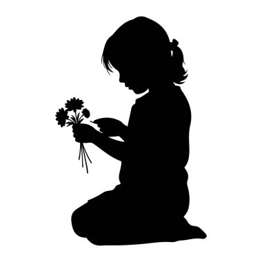 Diz çöküp elinde küçük bir buket çiçek tutan siyah bir çocuk silueti. Onlar çiçekleri incelerken çocuğun başı eğilir. Arka plan bembeyaz, siyah siluetin katıksız kontrastını vurguluyor..
