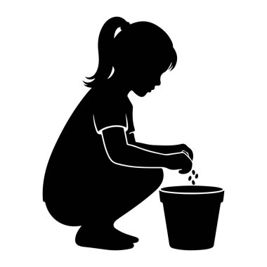 At kuyruklu küçük bir çocuğun siyah silueti çömelmiş. Çocuk ellerinde birkaç küçük tohum tutuyor ve onları siyah bir tencereye atıyor gibi görünüyor. Tencere silindirik ve biraz yuvarlak. Geri kafalı.