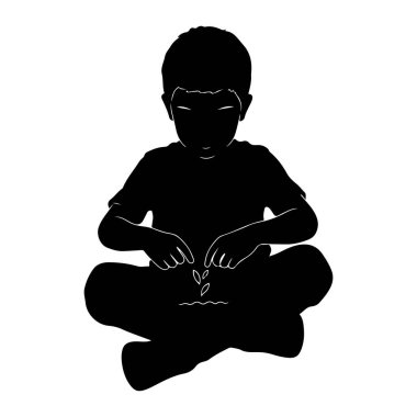 Beyaz bir arka planda bacak bacak üstüne atmış genç bir çocuğun siyah silueti. Çocuk aşağıya bakıyor ve ellerini bir toprak parçasına küçük tohumlar yerleştirmek için kullanıyor. Toprak dalgalı çizgilerle betimlenir. Bu da su ya da toprak olduğunu gösterir. Görüntü...