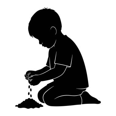 Yerde diz çökmüş, bir yığın pislikle oynamaya odaklanmış siyah bir çocuk silueti. Çocuk ellerinde biraz kir tutuyor ve onları yığının üzerine döküyor. Resim, beyaz arkaplan ile basit ve grafiksel..