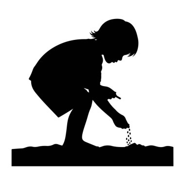 Çömelmiş kumda oynayan siyah bir çocuk silueti. Çocuk ellerinde bir şey tutuyor ve kuma küçük su damlacıkları döküyor gibi görünüyor. Arka plan beyaz, ve kum dalgalı, dokulu olarak tasvir edilir. 