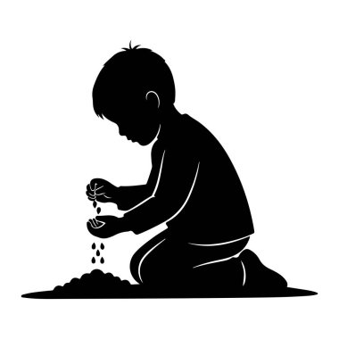 Yerde diz çöküp toprak yığınıyla oynamaya odaklanmış siyah bir çocuk silueti. Çocuğun elleri küçük parçacıkları, muhtemelen tohumları, bir elden diğerine dökecek şekilde konumlandırılmış, bazıları da toprağa dökülüyor. Görüntü... 