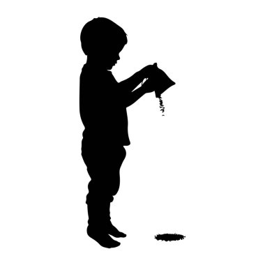 Küçük bir çocuğun siyah silueti beyaz bir zemin üzerinde duruyor, küçük bir torbayı açık tutuyor ve yere küçük nesneler döküyor. Çocuğun bedeni açılı, kafası torbaya ve dağınık içeriklere bakıyor. Küçük bir p yığını