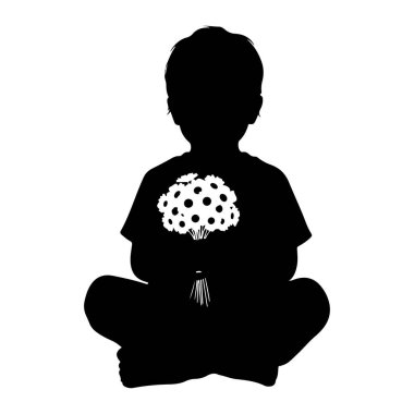 Beyaz bir arka planda bağdaş kurmuş siyah bir çocuk silueti. Çocuk, bir buket beyaz çiçek tutuyor. Önünde de karanlık merkezler var. Silüet basit ve grafiksel, temiz çizgiler ve ayırt edilebilir özellikleri yok..