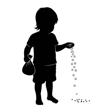 Küçük bir çocuğun siyah silueti bir elinde küçük bir torbayla duruyor ve diğer elinden yere küçük yuvarlak nesneler döküyor. Nesneler dağılmış ve akıntıya kapılmış..
