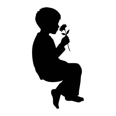 Genç bir çocuğun siyah bir silueti oturuyor ve tek bir çiçeği kokluyor. Çocuğun profili, çiçeğe doğru eğilirken tek eliyle sapını tutarken görünür. Çiçeğin bir gövdesi, yaprakları ve belirgin bir çiçeği vardır. Arka plan sade.