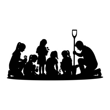 Siyah bir siluet, toprağa küçük tohumlar ekmekle meşgul birkaç çocuk ve bir yetişkini resmediyor. Yakınlarda bir kürek duruyor. Rakamlar profilden gösteriliyor, bazıları diz çöküyor ve diğerleri çömeliyor, hepsi gardenin görevine odaklanıyor