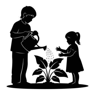 Elinde sulama kovası olan ve bir bitkiyi sulayan siyah bir çocuk silueti. Genç bir kız ellerini fabrikaya doğru uzatarak yakınlarda duruyor. Görüntü basit, temiz bir siluet, beyaz bir arkaplanda, gardını almış çocukları gösteriyor.