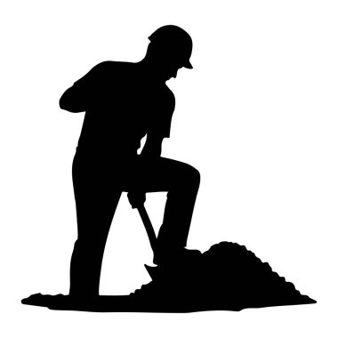 Siyah şapkalı bir inşaat işçisinin silueti bir kürekle toprak yığınını eşeliyor. İşçi eğilmiş, bir ayağı toprak yığını üzerinde ve kürek bıçağı içine gömülmüş. Arkaplan beyaz.