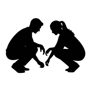 Bir erkek ve bir kadının siyah bir silueti birbirlerine dönük olarak çömelmiş ve aralarındaki bir şeye dikkatle bakarken görülüyor. Adam solda, kadın da sağda oturuyor. Duruşları ortak bir odak ya da keşif olduğunu gösteriyor.