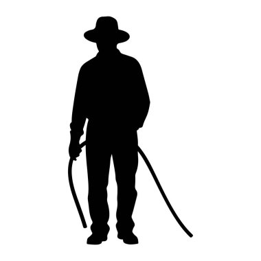 Geniş kenarlı şapka ve uzun kollu gömlek giyen bir adamın siyah silueti bir ip tutuyor. İp sağ koluna sarılı ve sol elinde tutuluyor. Şekil beyaz bir arkaplanda izole edilmiştir..