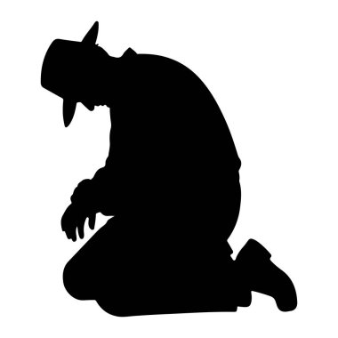 Şapka takan bir kovboyun siyah silueti yerde diz çöküyor. Şekil, başı eğik ve elleri dizlerinin üzerinde dinlenen bir şekilde profil içinde tasvir edilir. Görüntü beyaz bir arkaplanda izole edilmiş, net ve dramatik bir görüntü oluşturuyor..