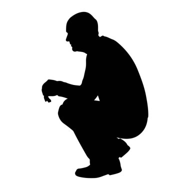 Bir adamın siyah silueti, bembeyaz bir zemine karşı çömelmiş bir şekilde tasvir edilir. Şekil yandan görülüyor, dizleri bükük ve elleri bacaklarının üzerinde dinleniyor. Siluet simsiyahtır, belirgin ayrıntıları yoktur. 