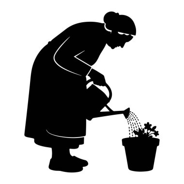 Siyah bir siluet, uzun bir elbise ve ayakkabılar giyen, saçları topuz şeklinde yaşlı bir kadını tasvir ediyor. Elinde bir su kovası tutuyor ve çiçekli küçük bir saksı bitkisinin üzerine su döküyor. Su, su oluğundan dökülen bir nokta akıntısı olarak gösterilir. 