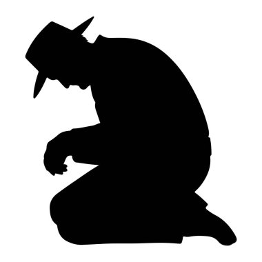 Kovboy şapkası takan bir adamın siyah silueti başı eğik diz çöküyor. Elleri önünde sımsıkı bağlanmış, bu da bir dua ya da derin düşünceye işaret ediyor. Şekil, düz beyaz bir arkaplanda izole edilmiştir..