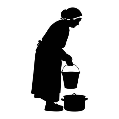 Önlük ve başörtüsü takan yaşlı bir kadının siyah silueti resmedildi. Eğiliyor, sağ elinde bir kova tutuyor ve kapaklı bir tencerenin yanında duruyor. İllüstrasyon beyaz arka planda..