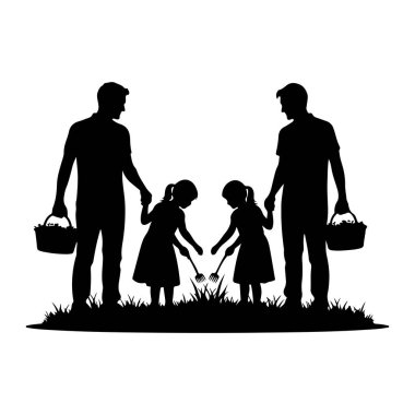 Siyah bir siluet, iki yetişkinin ve iki çocuğun bahçıvanlık faaliyetlerini tasvir eder. Yetişkinler her iki tarafta durur, her biri bir sepet dolusu eşya taşır. Çocuklar aralarına yerleştiriliyor, eğiliyor ve ellerinde küçük tırmıklar tutuyorlar.