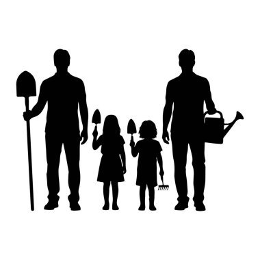 Beyaz arka planda iki erkek ve iki çocuğun siluetleri tasvir ediliyor. Adamların elinde bahçe aletleri var. Birinde kürek, diğerinde de su kovası. Çocuklar ellerinde bir mala ve tırmık tutuyorlar. Bu da bir aile olduğunu gösteriyor.