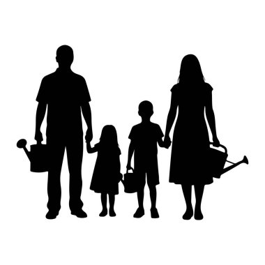 Bir ailenin siyah silueti, iki ebeveyn ve iki çocuktan oluşuyor, birlikte duruyorlar. Soldaki baba sağ elinde bir su kovası tutuyor ve kızıyla el ele tutuşuyor. Kızın elinde küçük bir su kovası var. Oğlu...