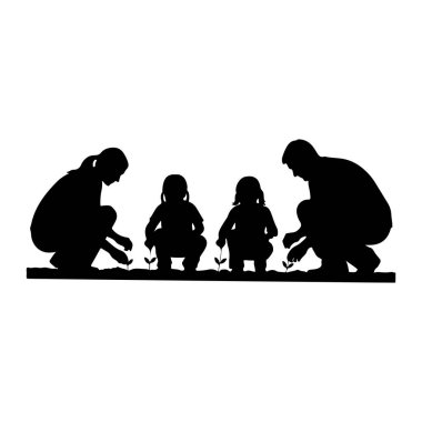 Siyah bir siluet, toprağa küçük fideler ekmeye çömelmiş dört, iki yetişkin ve iki çocuklu bir aileyi tasvir ediyor. Rakamlar sıraya dizilmiş durumda. Yetişkinler uçta, çocuklar ortada. Hepsi gösterinin içinde. 