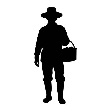 Geniş kenarlı şapka ve çizme giyen birinin siyah silueti elinde yuvarlak nesneler, muhtemelen meyve veya sebzelerle dolu bir sepet tutuyor. Şekil tepeden tırnağa bembeyaz bir zemin üzerinde tasvir ediliyor. Siluet bir şey gösteriyor. 