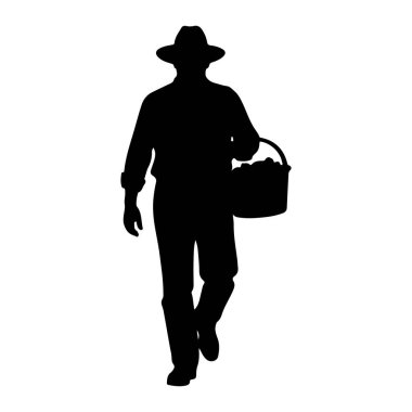 Şapka takan ve içi meyve dolu bir sepet taşıyan siyah bir siluet. Bu figür, yiyecek toplamaya ya da hasat etmeye çalışıyor gibi görünüyor. Resim beyaz bir arkaplanda izole edilmiştir.