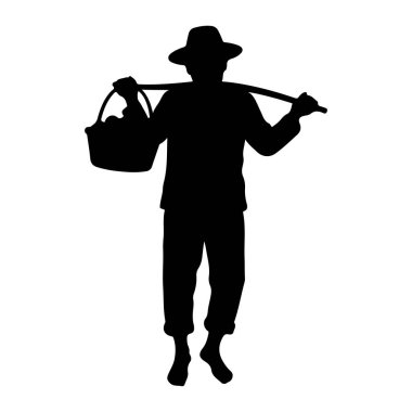Siyah bir siluet. Şapka takan ve omzunda bir direkte sepet taşıyan biri. Kişi bacakları hafifçe açık duruyor ve sepette eşyalar var gibi görünüyor. Resim beyaz bir arkaplanda izole edilmiştir.