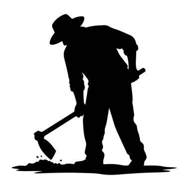 Şapka ve uzun kollu gömlek giyen bir çiftçinin siyah silueti çapayla toprağı kazarken resmedildi. Çapa aşağı doğru açılı, zemini dağıtıyor ve toprağı dağıtıyor. Çiftçinin duruşu çaba göstermeyi ve işe odaklanmayı öneriyor. T