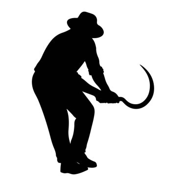 Şapka takan ve orak tutan bir çiftçinin siyah silueti beyaz arka planda resmedilir. Çiftçi eğilmiş, hasat sürecindeymiş gibi görünüyor. Görüntü tarımsal çalışmaların basit, grafik bir temsilidir..