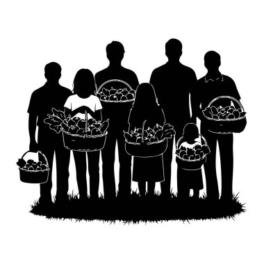 Bir siluet çizimi, toplanan ürünlerle dolu sepetlerle çimlerin üzerinde duran bir aile grubunu tasvir ediyor. Grupta yetişkinler ve çocuklar yer alırken, her kişi çeşitli meyve ve sebzelerle dolu bir sepet taşıyor. Bu tarz...