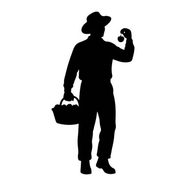 Şapka takan bir çiftçinin siyah silueti ve bir elinde meyve dolu bir sepet diğer elinde bir elma. Çiftçi beyaz arka planda duruyor..