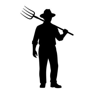 Siyah bir siluet. Şapka takan ve omzunda bir yaba tutan bir adam. Beyaz bir arkaplanda duruyor. Adam çiftlik kıyafeti gibi giyinmiş, yakalı bir gömlek ve pantolonu var. Yabanın üç dişlisi ve bir...