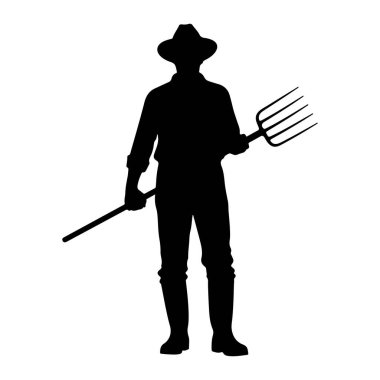 Bir çiftçinin siyah silueti, sağ elinde bir yaba tutarak öne bakıyor. Çiftçi geniş kenarlı bir şapka, kolları kıvrılmış yakalı bir gömlek ve botlar giyer. Resim beyaz bir arkaplanda izole edilmiştir.